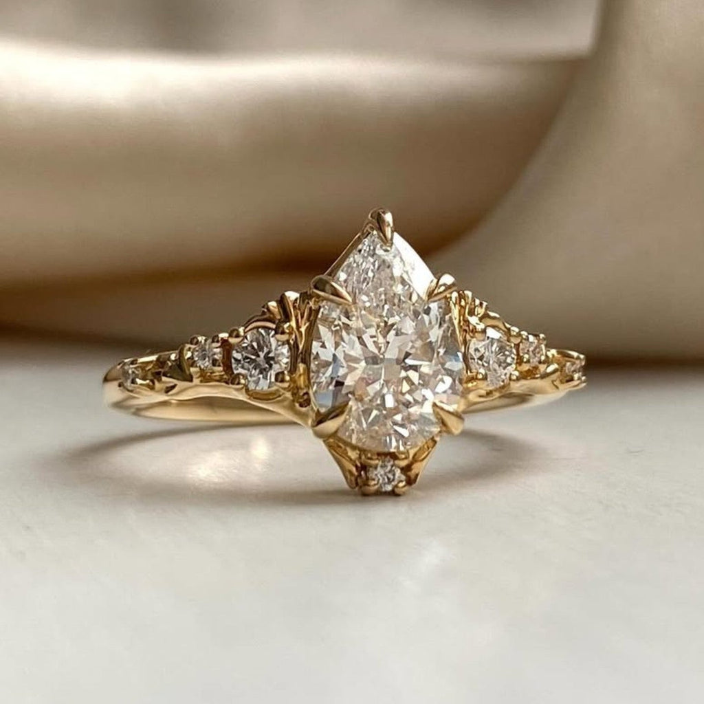 Pear Cut Moissanite Engagement Ring Solid Gold Vintage inspired Wedding Ring