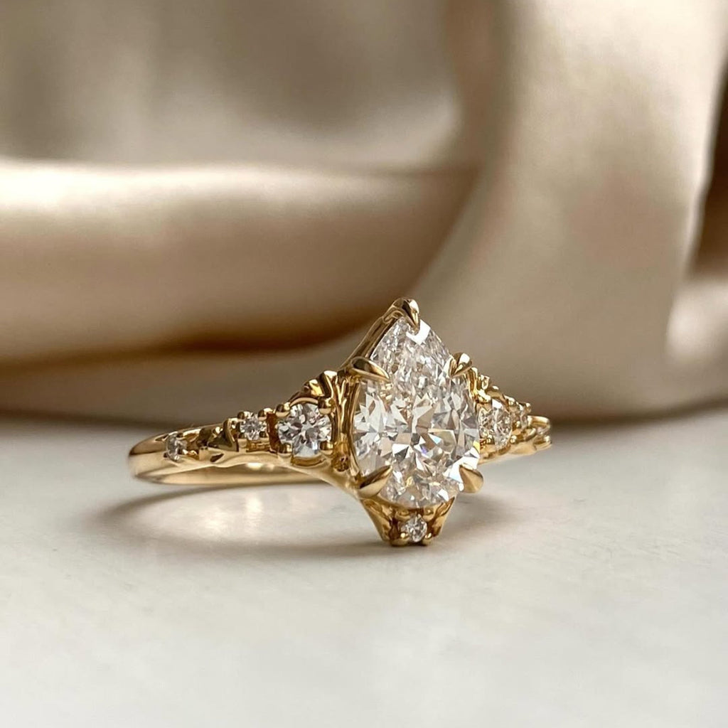 Pear Cut Moissanite Engagement Ring Solid Gold Vintage inspired Wedding Ring