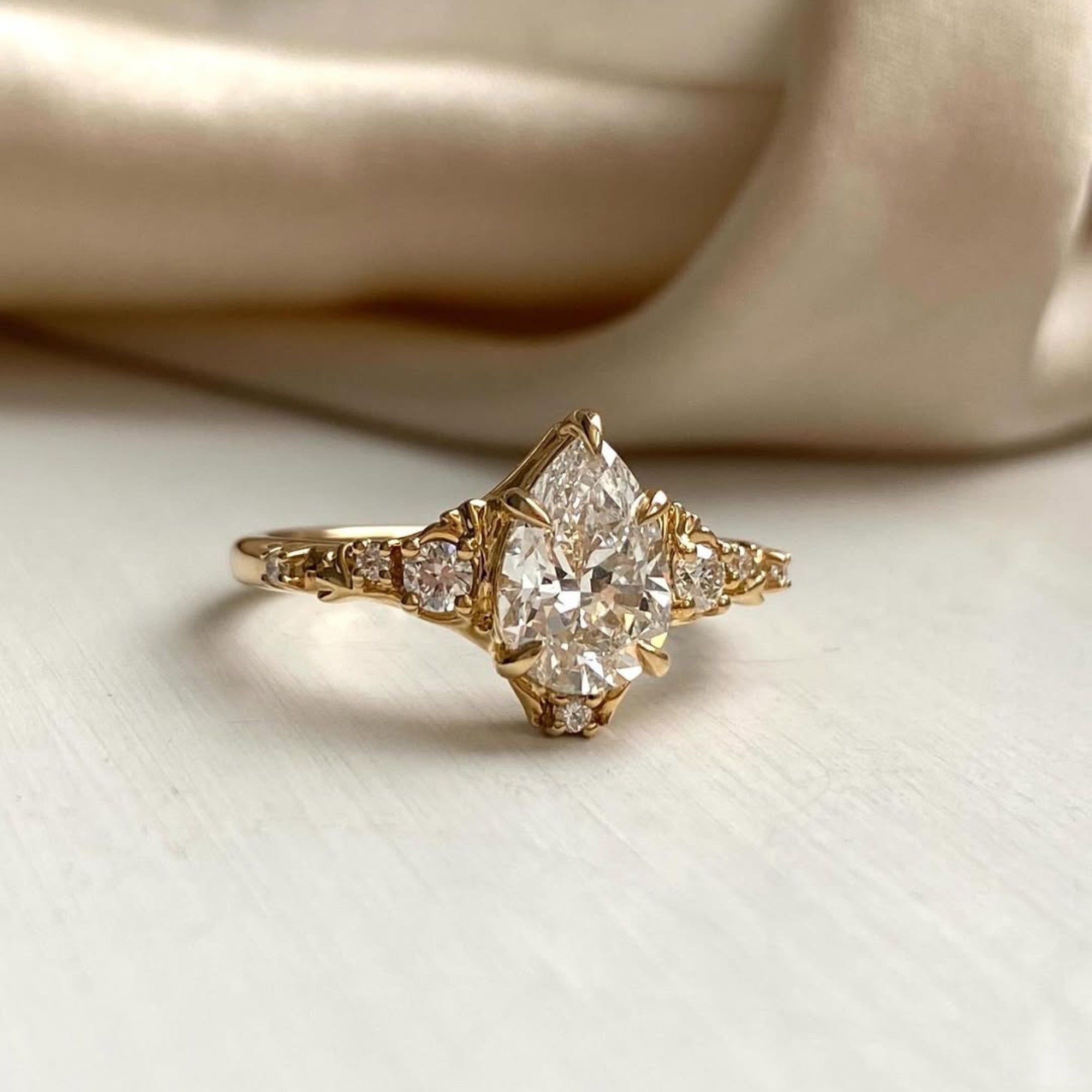Vintage Pear Moissanite Art Deco Engagement Ring Cluster Gold Wedding Nature Inspired Ring