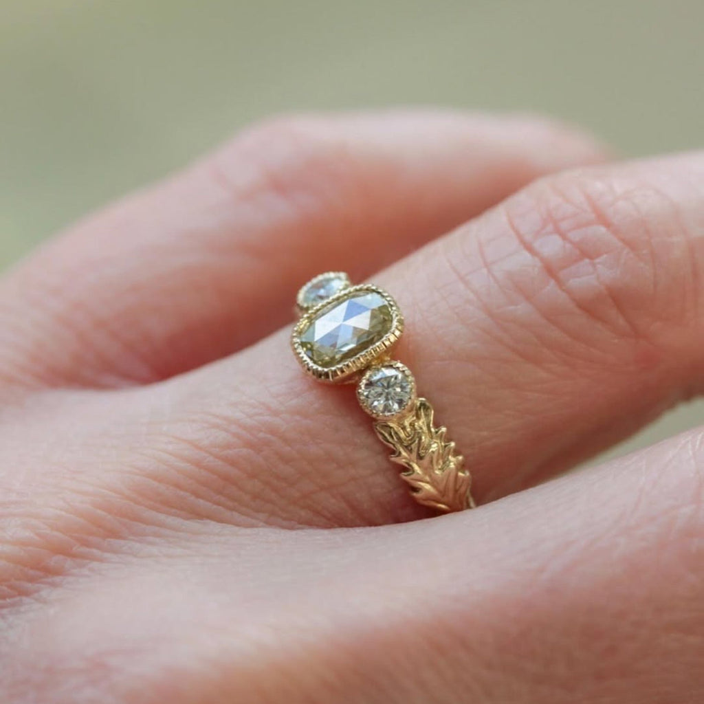 Vintage Milgrain Bezel Light Brown Cushion Rose Cut Lab Grown Engagement Ring Three Stone Art Deco Gold Nature Inspired Ring