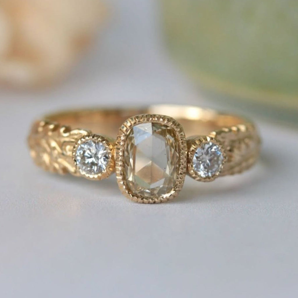 Vintage Milgrain Bezel Light Brown Cushion Rose Cut Moissanite Engagement Ring Three Stone Art Deco Gold Nature Inspired Ring