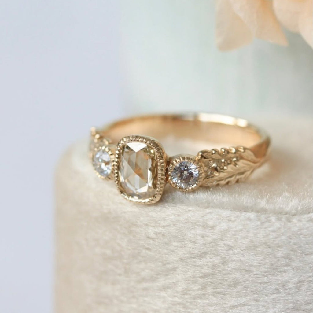 Vintage Milgrain Bezel Light Brown Cushion Rose Cut Moissanite Engagement Ring Three Stone Art Deco Gold Nature Inspired Ring