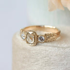 Vintage Milgrain Bezel Light Brown Cushion Rose Cut Moissanite Engagement Ring Three Stone Art Deco Gold Nature Inspired Ring