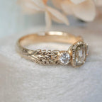 Vintage Milgrain Bezel Light Brown Cushion Rose Cut Moissanite Engagement Ring Three Stone Art Deco Gold Nature Inspired Ring