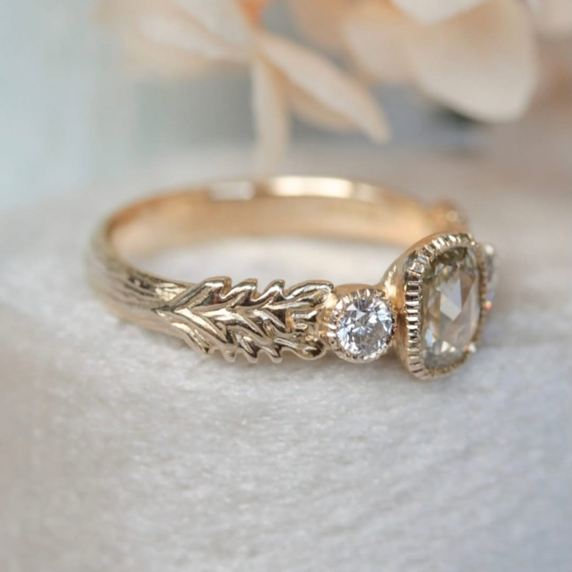 Vintage Milgrain Bezel Light Brown Cushion Rose Cut Lab Grown Engagement Ring Three Stone Art Deco Gold Nature Inspired Ring