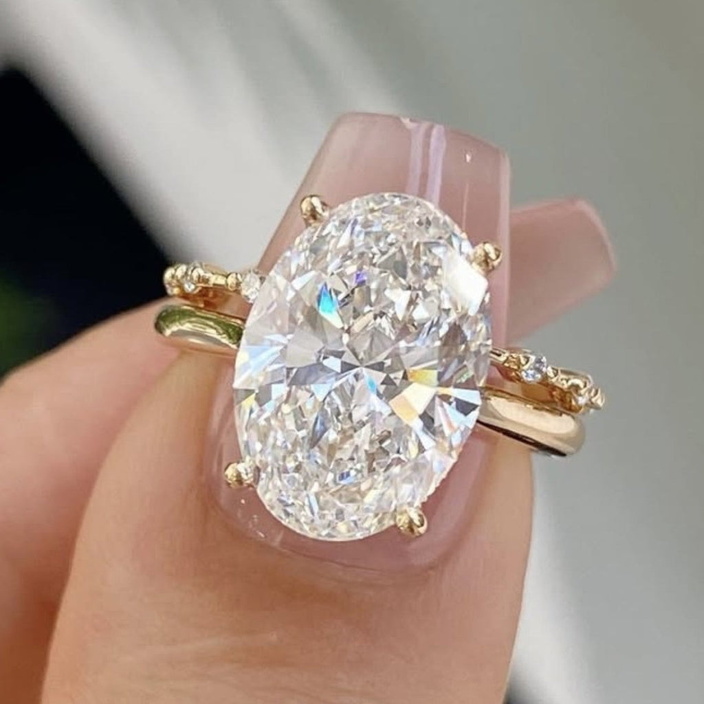 Oval Moissanite Engagement Ring Set Distance Pave Band Set Gold Bridal Wedding Ring Set
