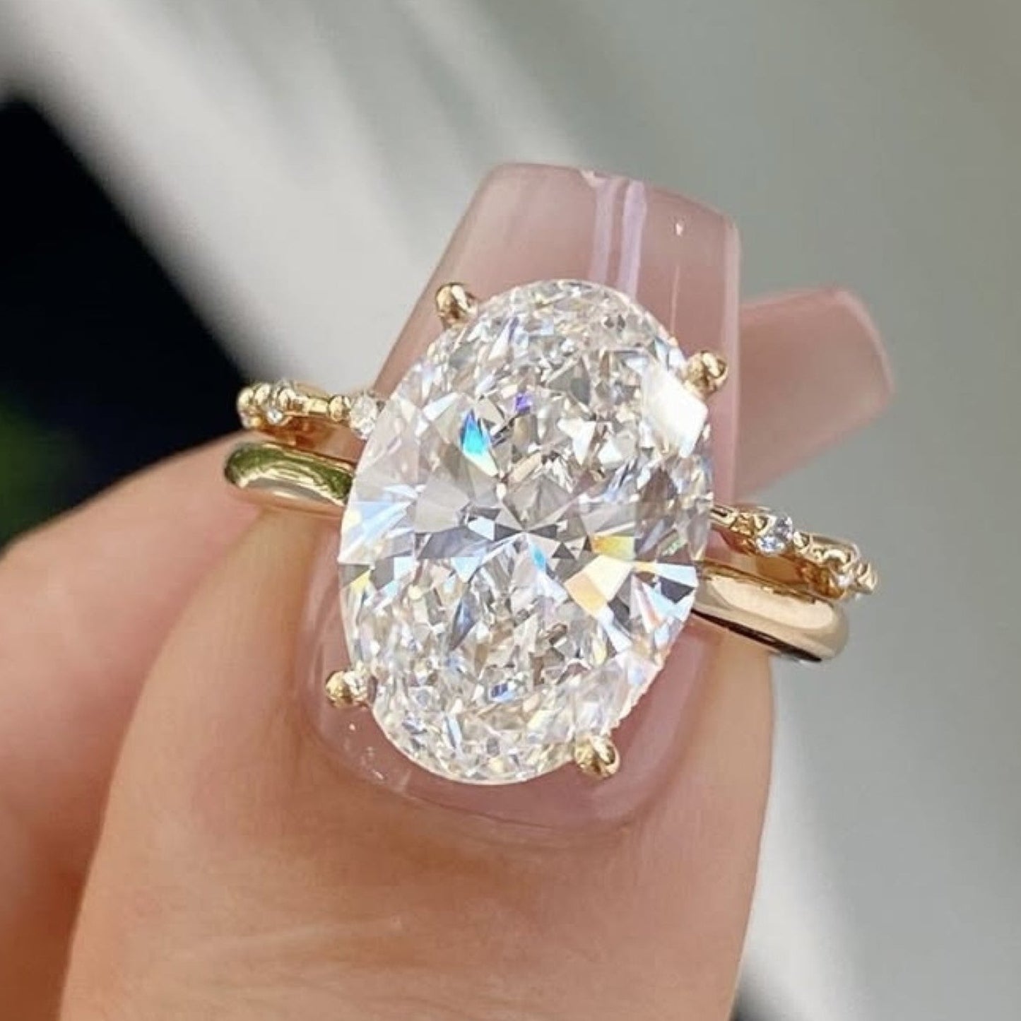 Oval Moissanite Engagement Ring Set Distance Pave Band Set Gold Bridal Wedding Ring Set