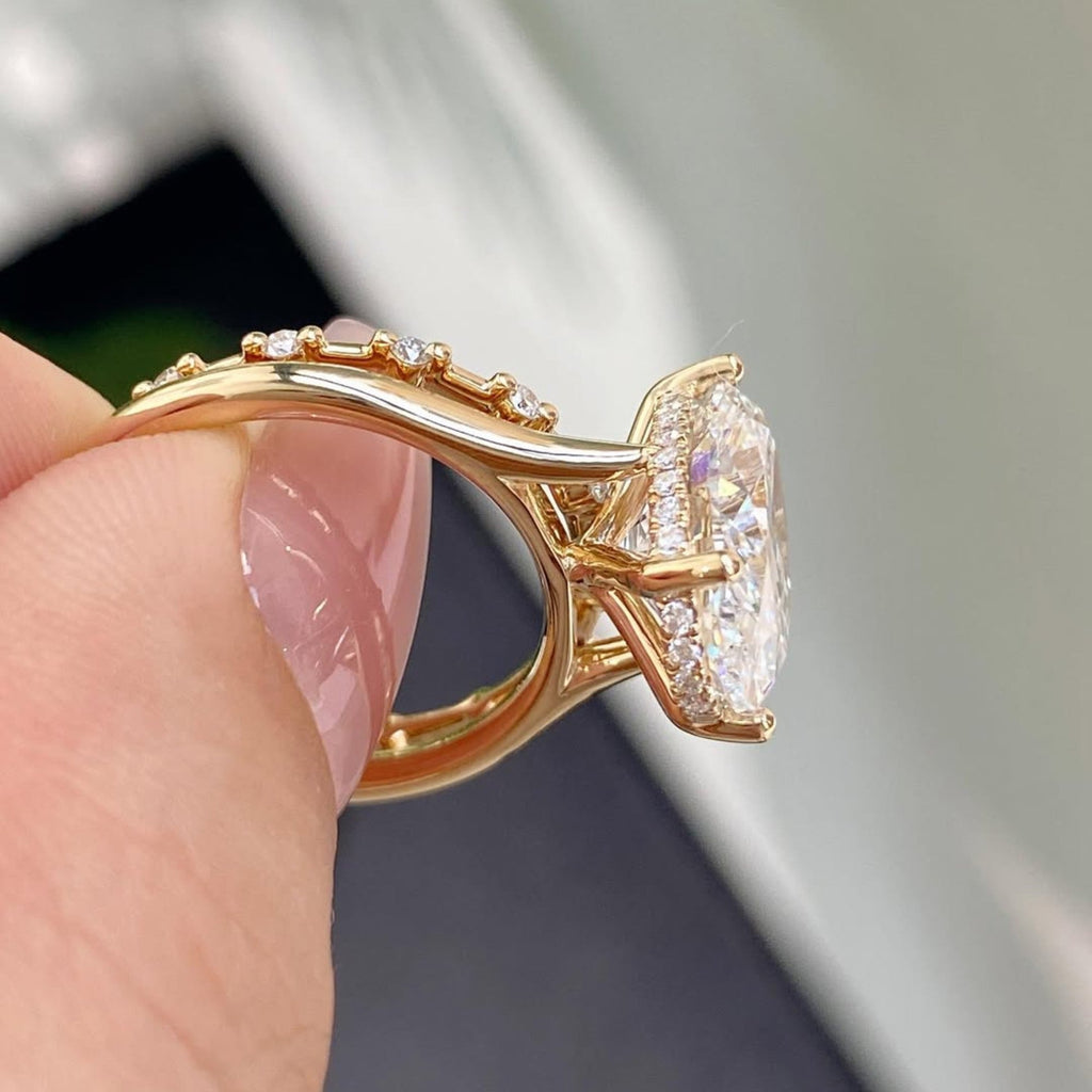 Oval Moissanite Engagement Ring Set Distance Pave Band Set Gold Bridal Wedding Ring Set