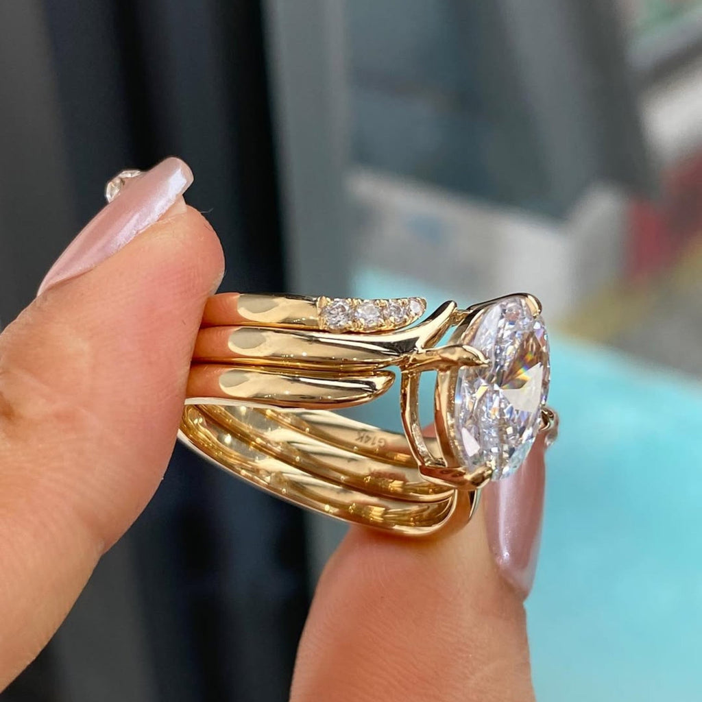 Oval Moissanite Diamond Ring Set with Curved Pavé Gold Bands, Luxury Bridal Engagement & Wedding Ring Set, Modern Statement Oval Cut Design