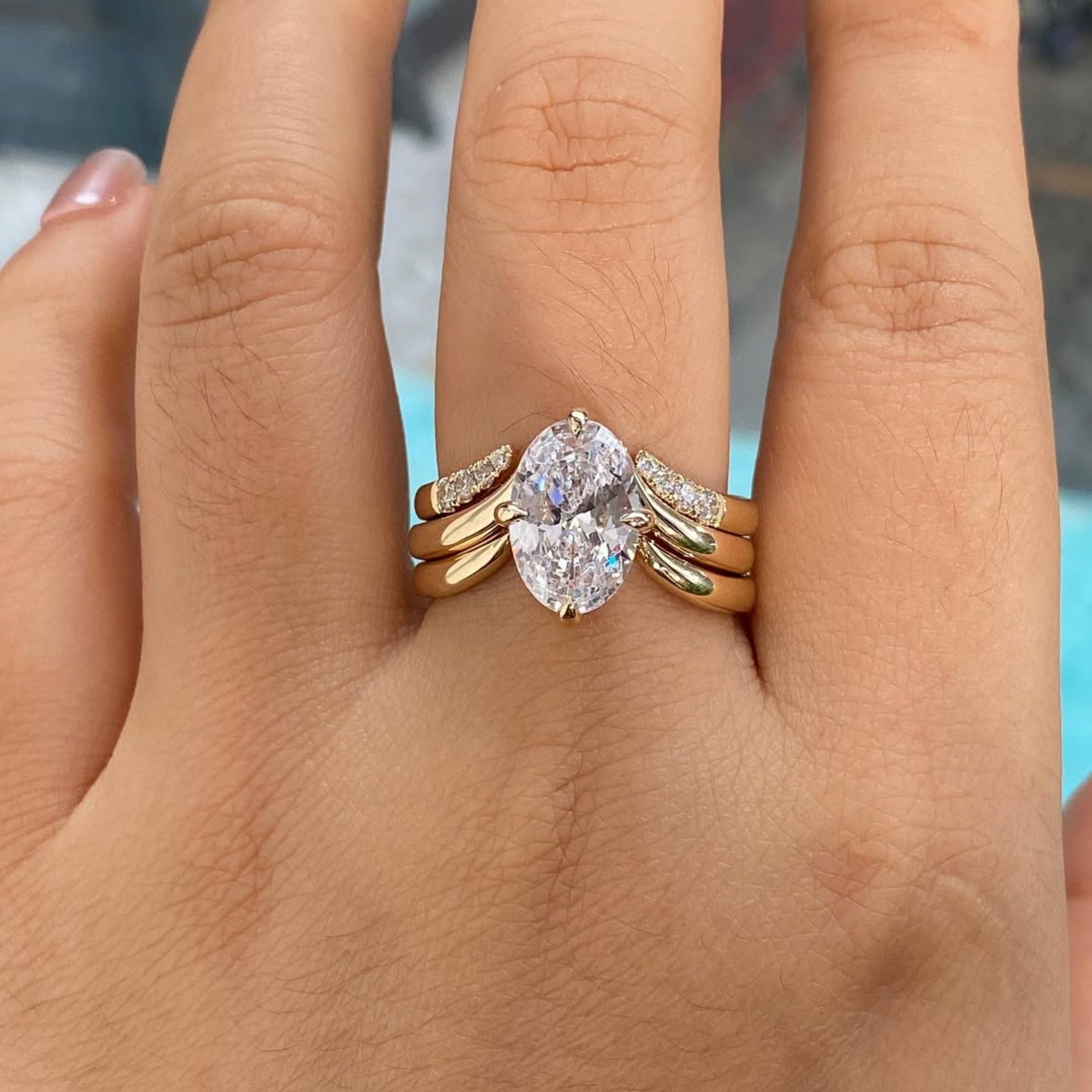 Oval Moissanite Diamond Ring Set with Curved Pavé Gold Bands, Luxury Bridal Engagement & Wedding Ring Set, Modern Statement Oval Cut Design