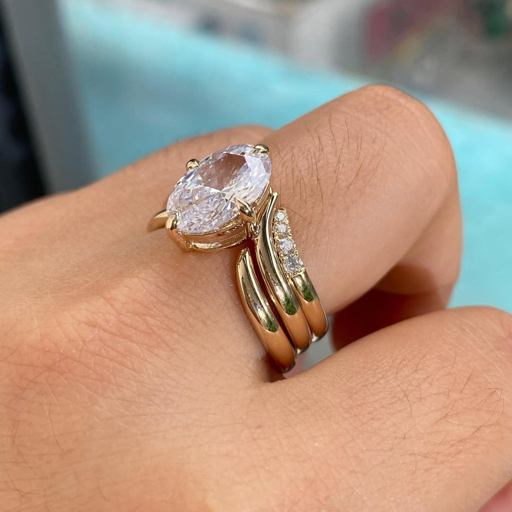 Oval Moissanite Diamond Ring Set with Curved Pavé Gold Bands, Luxury Bridal Engagement & Wedding Ring Set, Modern Statement Oval Cut Design