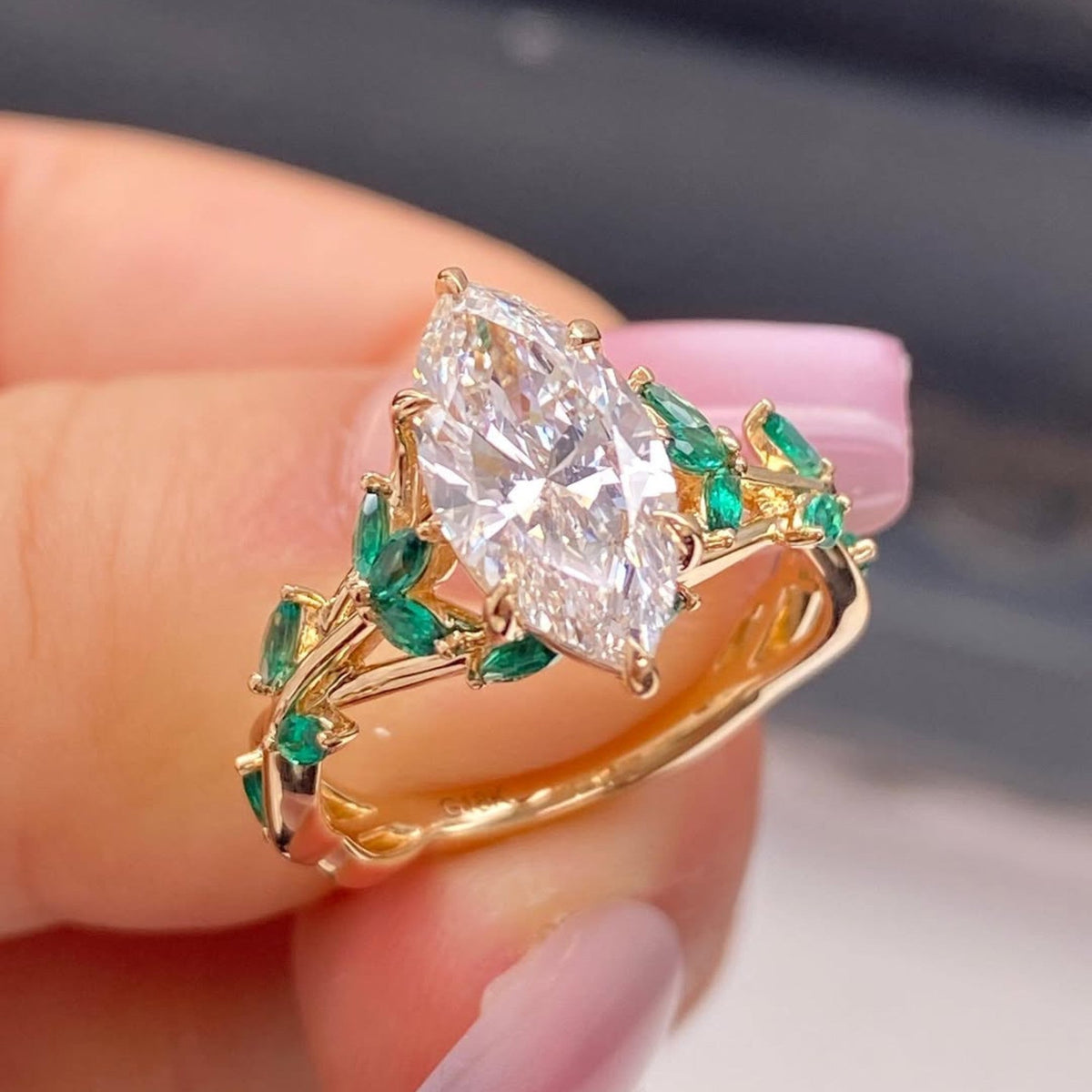 Marquise Cut Moissanite Diamond Floral Engagement Ring with Emerald Accents in Solid Gold Nature Inspired Vintage Design