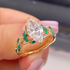 Marquise Cut Lab Grown Diamond Floral Engagement Ring with Emerald Accents in Solid Gold Nature Inspired Vintage Design
