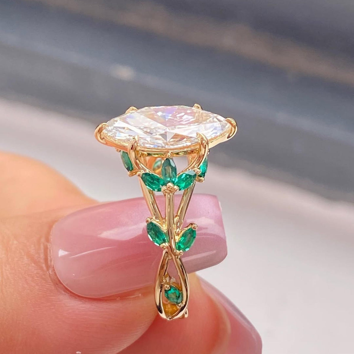 Marquise Cut Moissanite Diamond Floral Engagement Ring with Emerald Accents in Solid Gold Nature Inspired Vintage Design