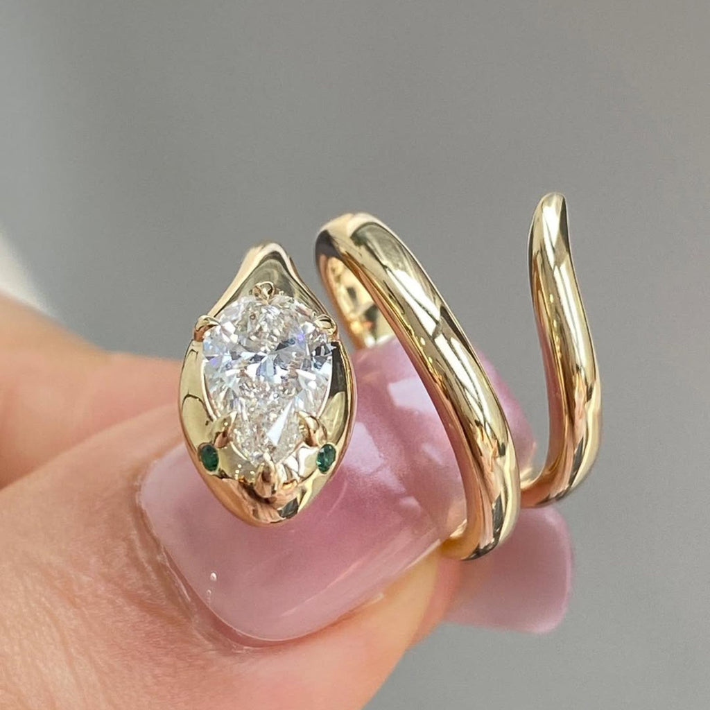 Snake Pear Cut Moissanite Engagement Ring Spiral Snake Ring, Wrap Around Ring, Serpent Viper Open Ring, Animal Wrap Ring