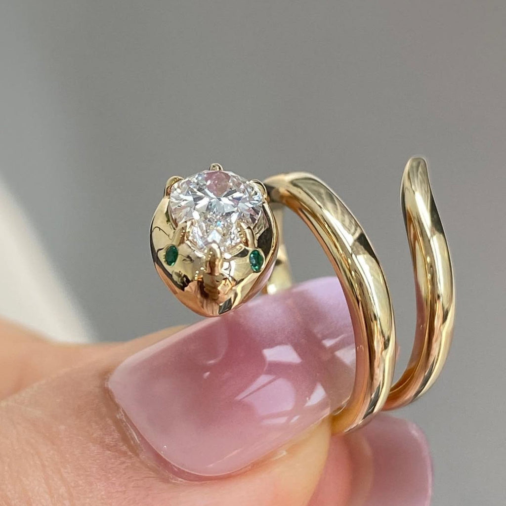 Snake Pear Cut Lab Gown Engagement Ring Spiral Snake Ring, Wrap Around Ring, Serpent Viper Open Ring, Animal Wrap Ring
