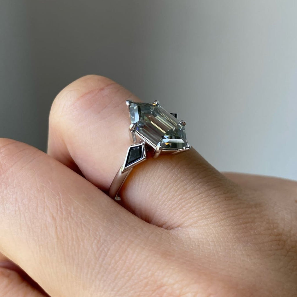 Grey Hexagon Cut Three Stone Engagement Ring in White Gold | Modern Geometric Vintage Inspired Lab Grown Diamond Ring