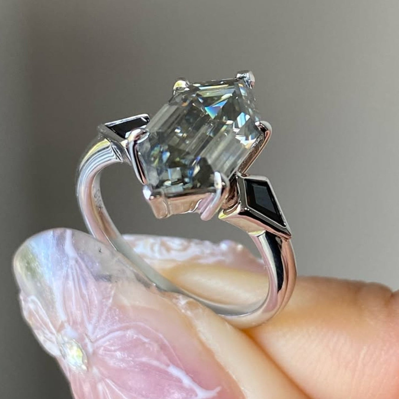 Grey Hexagon Cut Three Stone Engagement Ring in White Gold | Modern Geometric Vintage Inspired Lab Grown Diamond Ring
