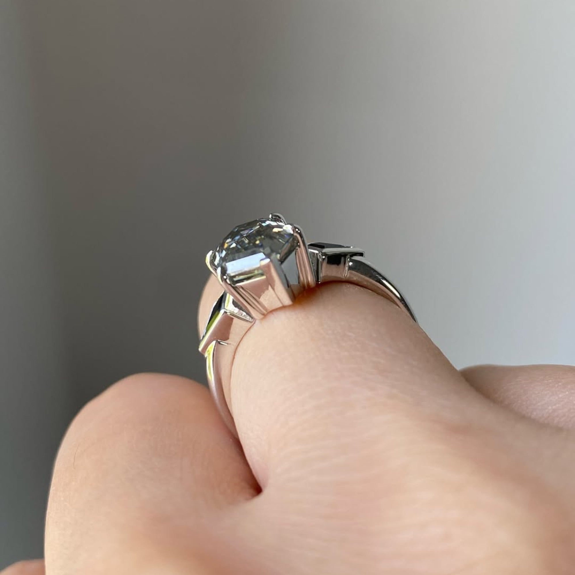 Grey Hexagon Cut Three Stone Engagement Ring in White Gold | Modern Geometric Vintage Inspired Lab Grown Diamond Ring