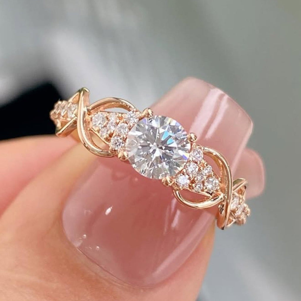 Round Cut Diamond Vintage Inspired Engagement Ring with Twisted Gold Band and Side Accents | Elegant Moissanite Diamond Ring