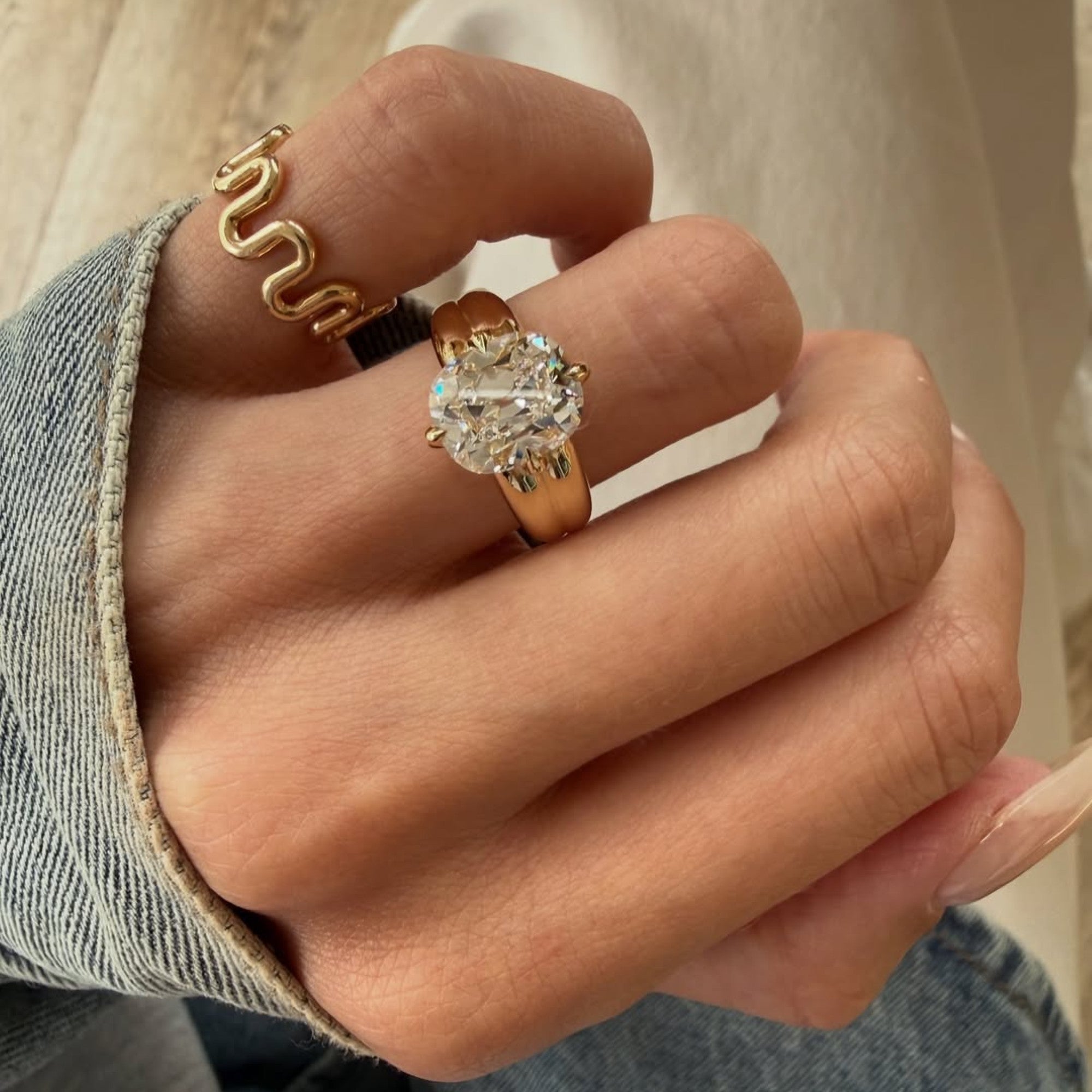 Old Mine Moissanite Elongated Cushion Cut Engagement Ring in Yellow Gold, Vintage-Inspired Solitaire Diamond Ring
