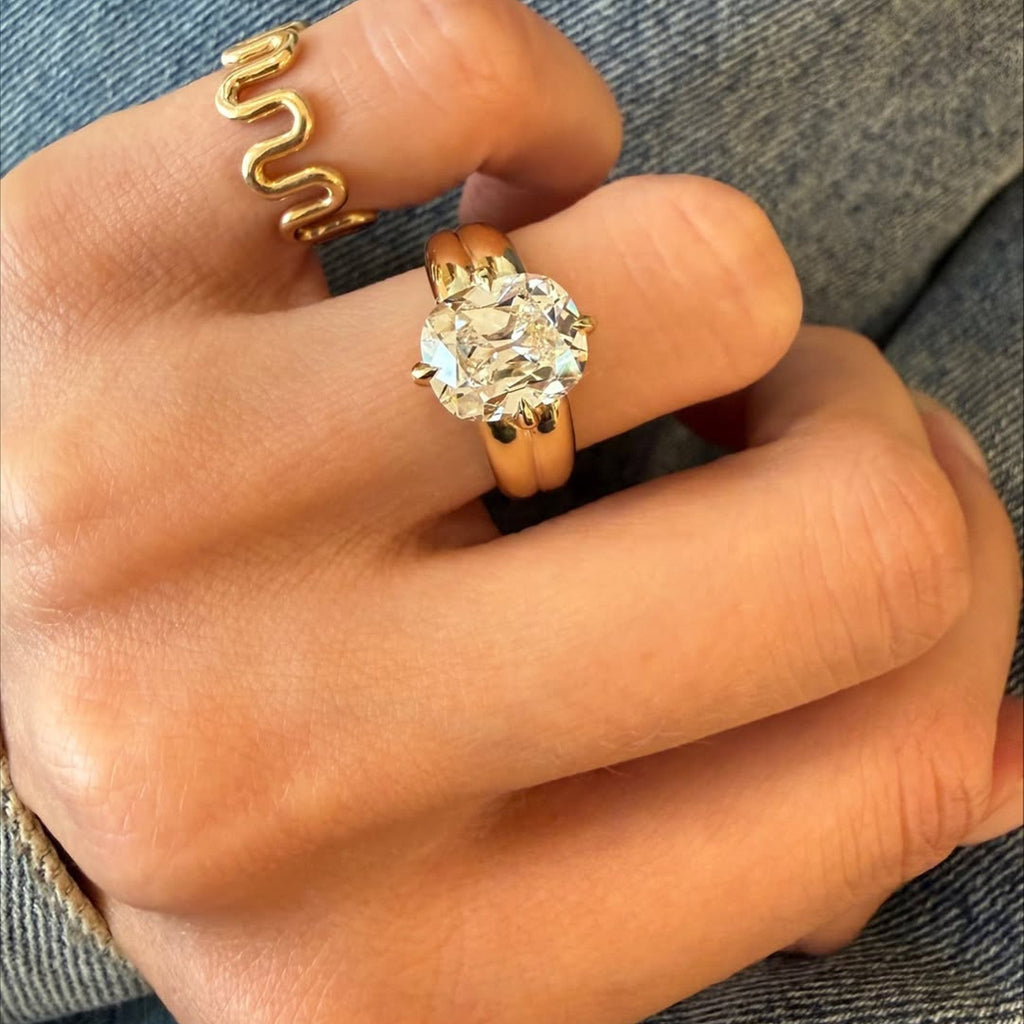 Old Mine Moissanite Elongated Cushion Cut Engagement Ring in Yellow Gold, Vintage-Inspired Solitaire Diamond Ring