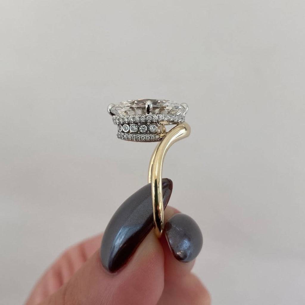 Oval Moissanite Diamond Engagement Ring Two Tone Gold Hidden Halo Bridal Ring