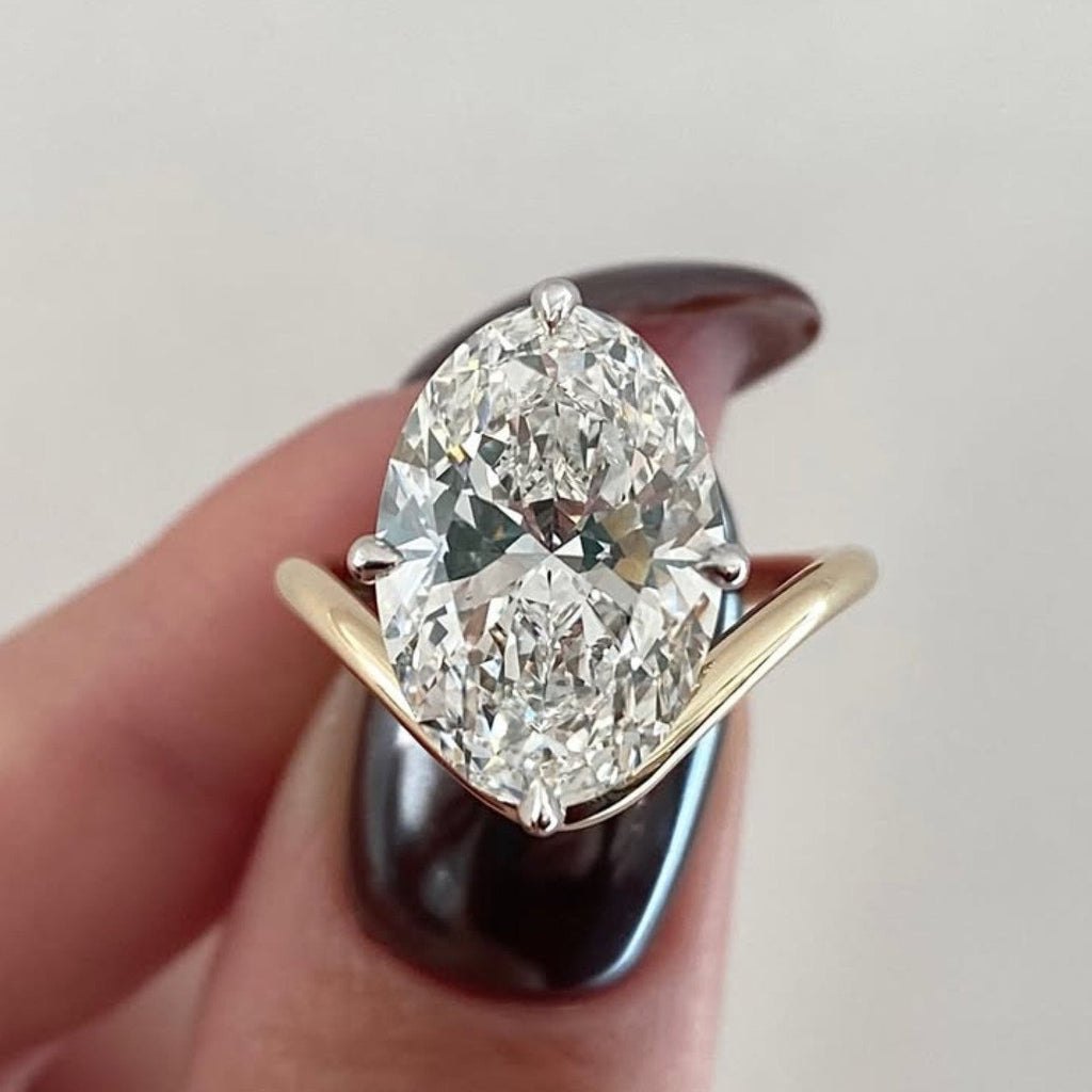 Oval Lab grown Diamond Engagement Ring Two Tone Gold Hidden Halo Bridal Ring