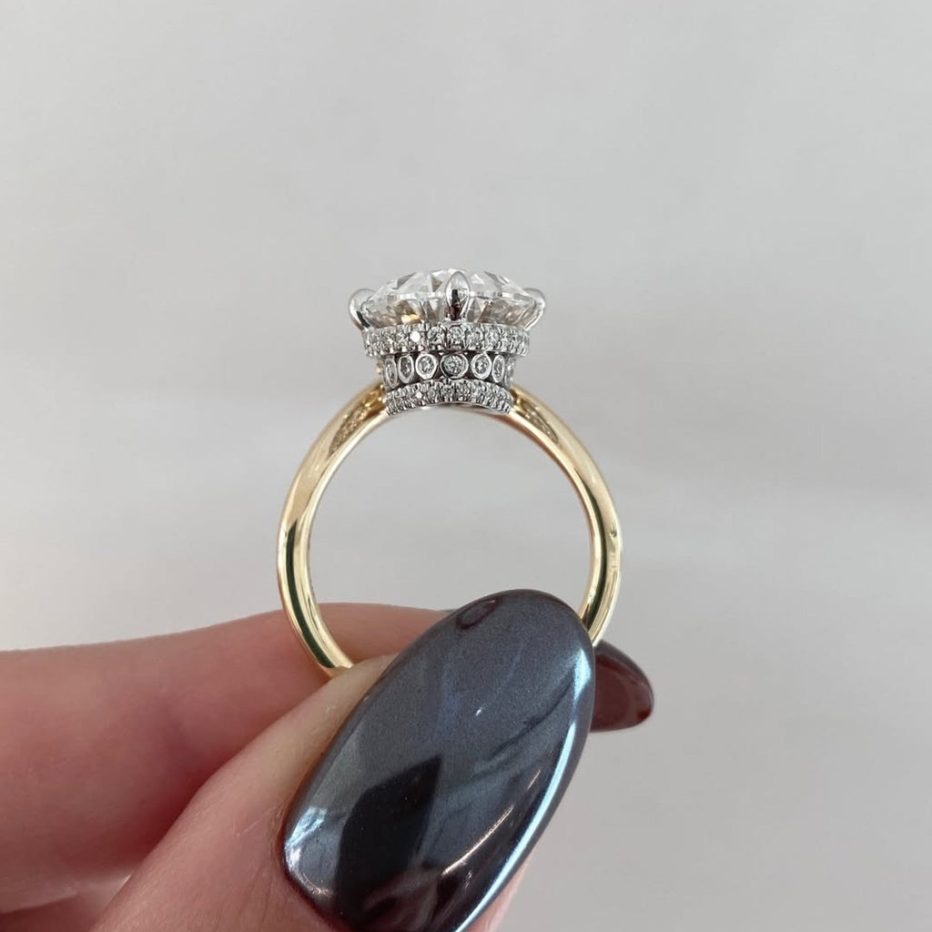 Oval Moissanite Diamond Engagement Ring Two Tone Gold Hidden Halo Bridal Ring