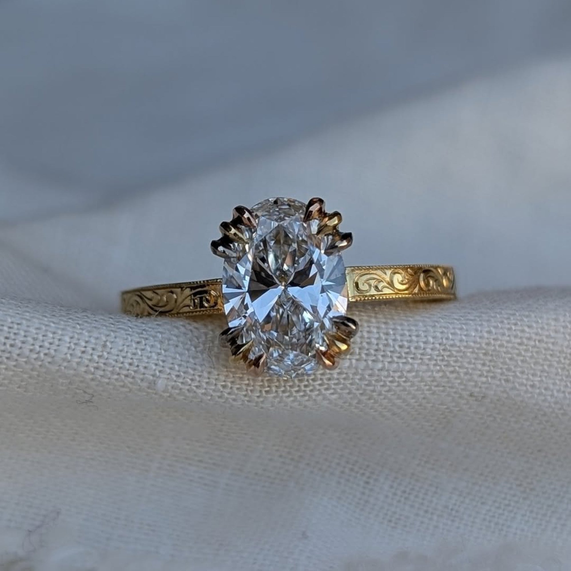 Oval Lab Grown Engagement Ring Gold Engraved Band Vintage Claw Prong Solitaire Ring