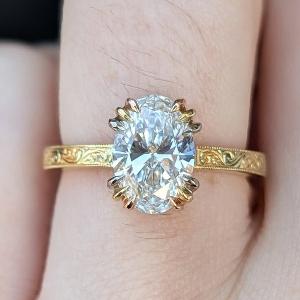 Oval Lab Grown Engagement Ring Gold Engraved Band Vintage Claw Prong Solitaire Ring