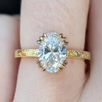Oval Moissanite Engagement Ring Gold Engraved Band Vintage Claw Prong Solitaire Ring