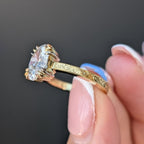 Oval Lab Grown Engagement Ring Gold Engraved Band Vintage Claw Prong Solitaire Ring