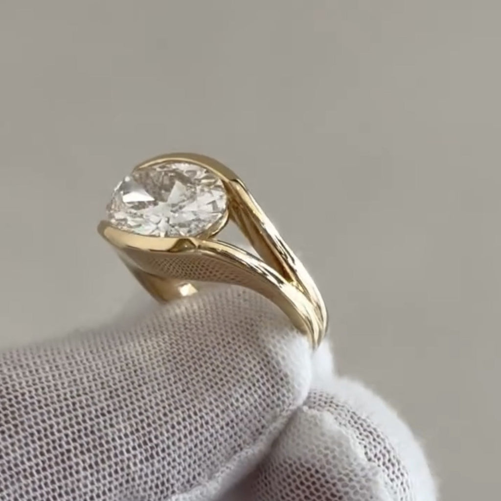 Half Bezel Oval Moissanite Engagement Ring East West Gold Split Shank Wedding Ring