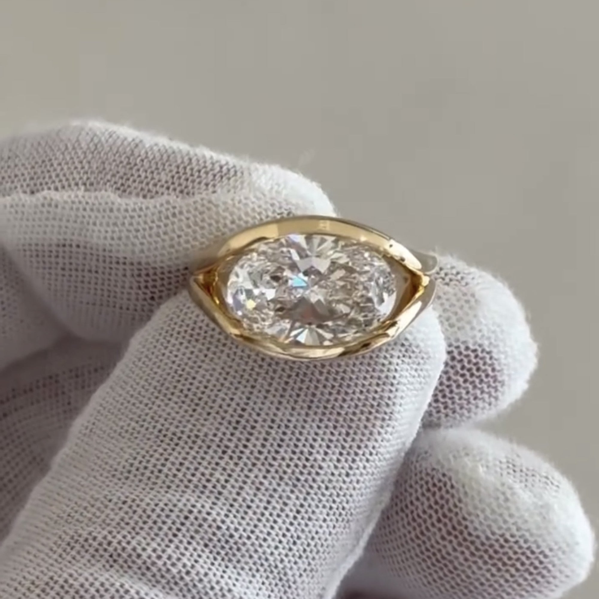 Half Bezel Oval Lab Grown Engagement Ring East West Gold Split Shank Wedding Ring