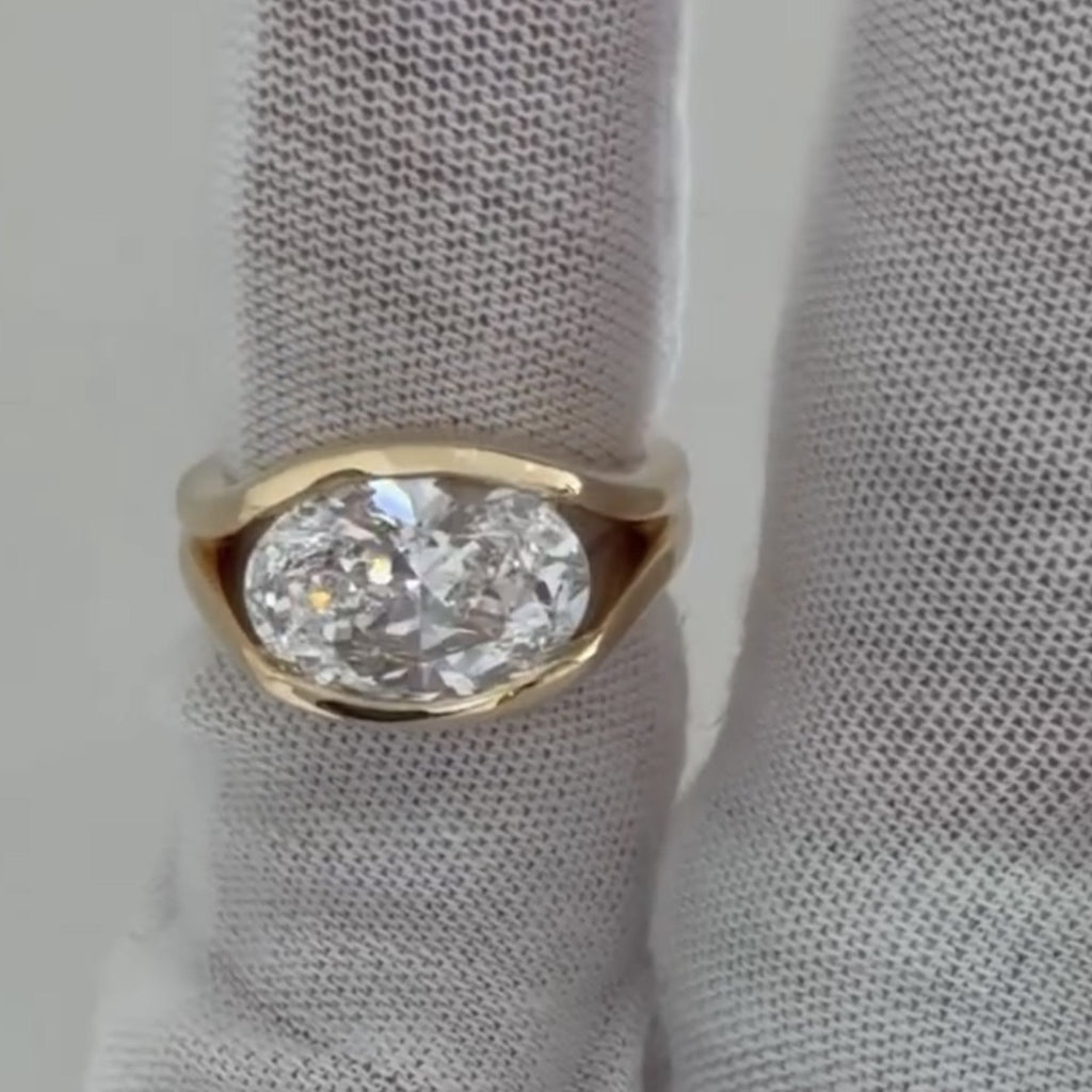 Half Bezel Oval Lab Grown Engagement Ring East West Gold Split Shank Wedding Ring
