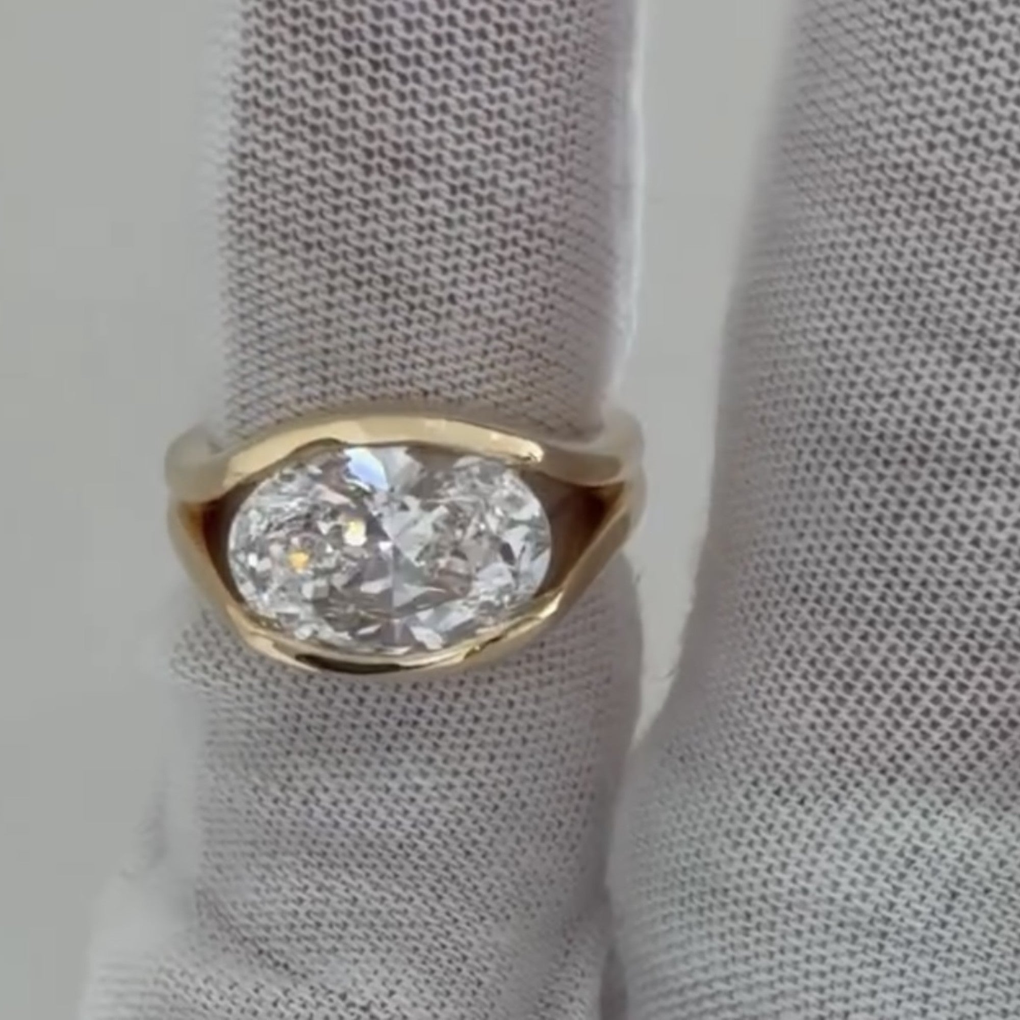 Half Bezel Oval Lab Grown Engagement Ring East West Gold Split Shank Wedding Ring
