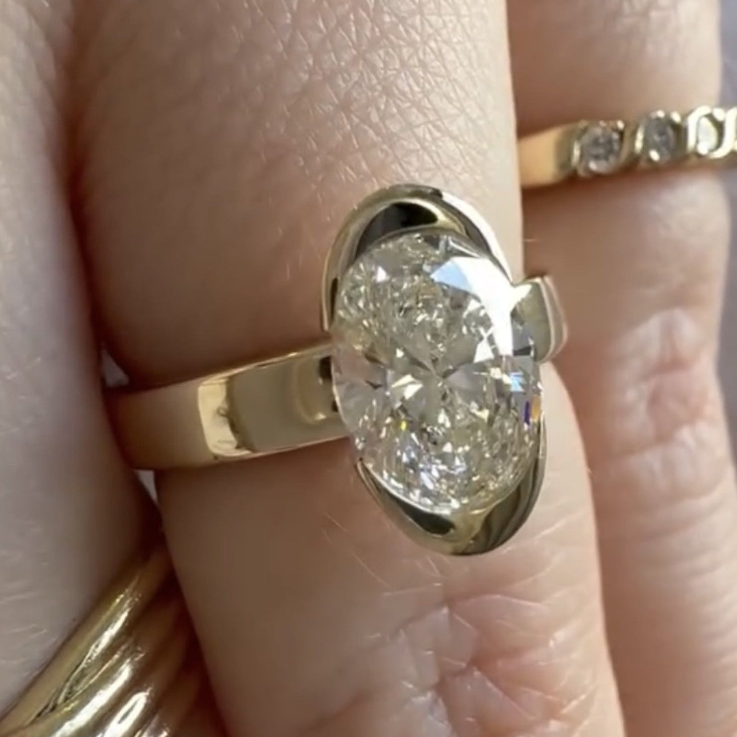 Half Bezel Oval Cut Moissanite Engagement Ring Unique Gold Wedding Anniversary Ring