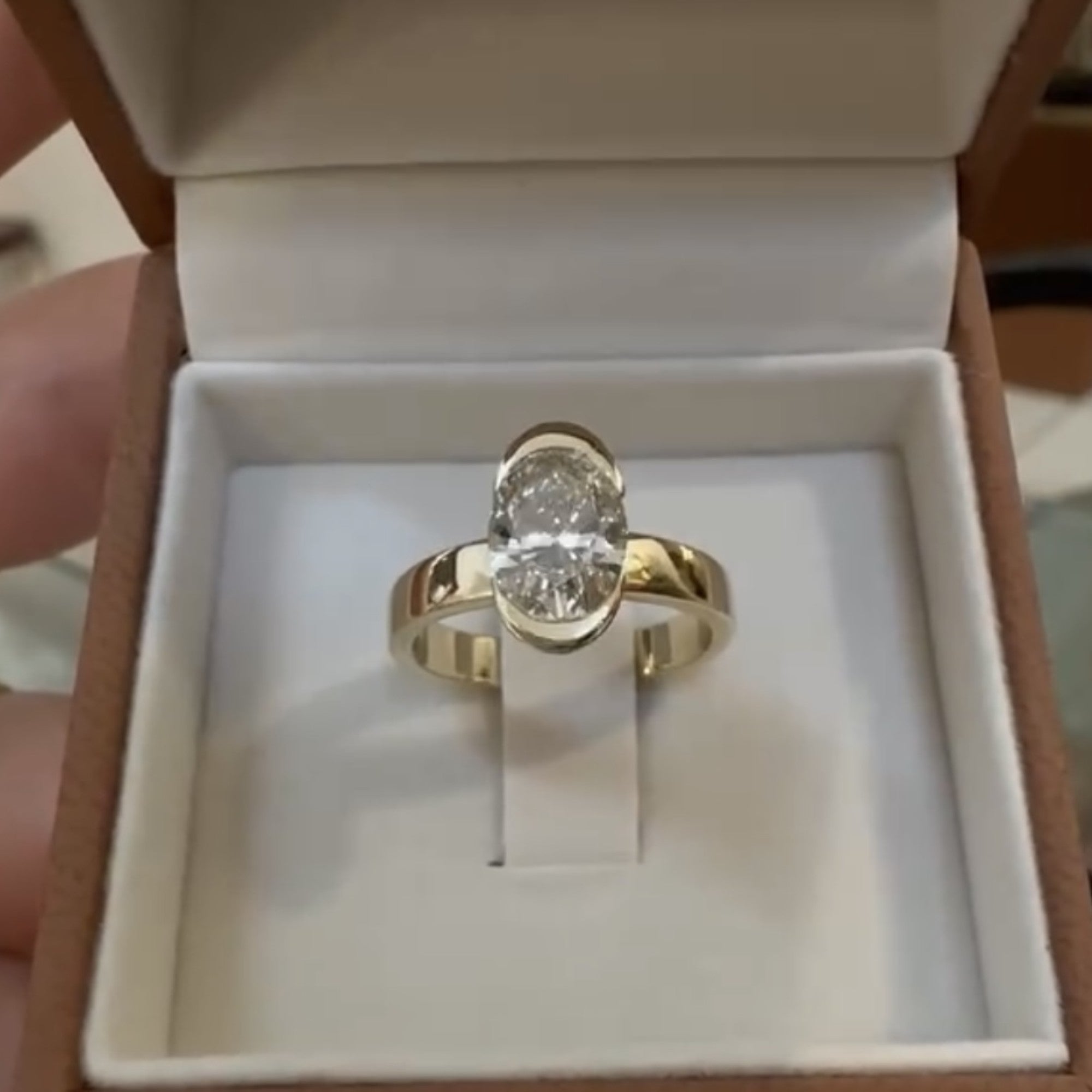 Half Bezel Oval Cut Lab Grown Engagement Ring Unique Gold Wedding Anniversary Ring