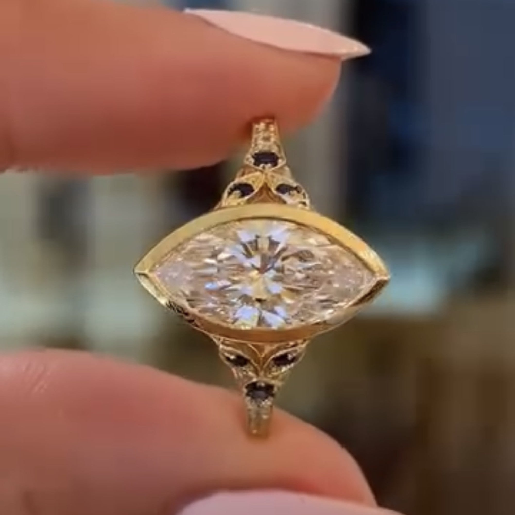 Art Deco Bezel Set Marquise Moissanite Engagement Ring Vintage Gold Wedding Ring