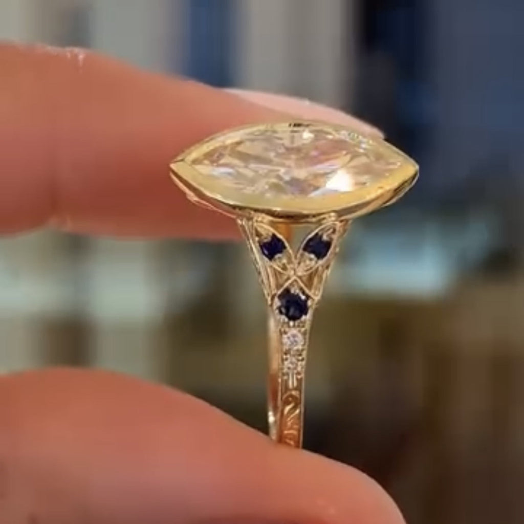 Art Deco Bezel Set Marquise Lab Grown Engagement Ring Vintage Gold Wedding Ring