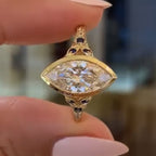 Art Deco Bezel Set Marquise Lab Grown Engagement Ring Vintage Gold Wedding Ring