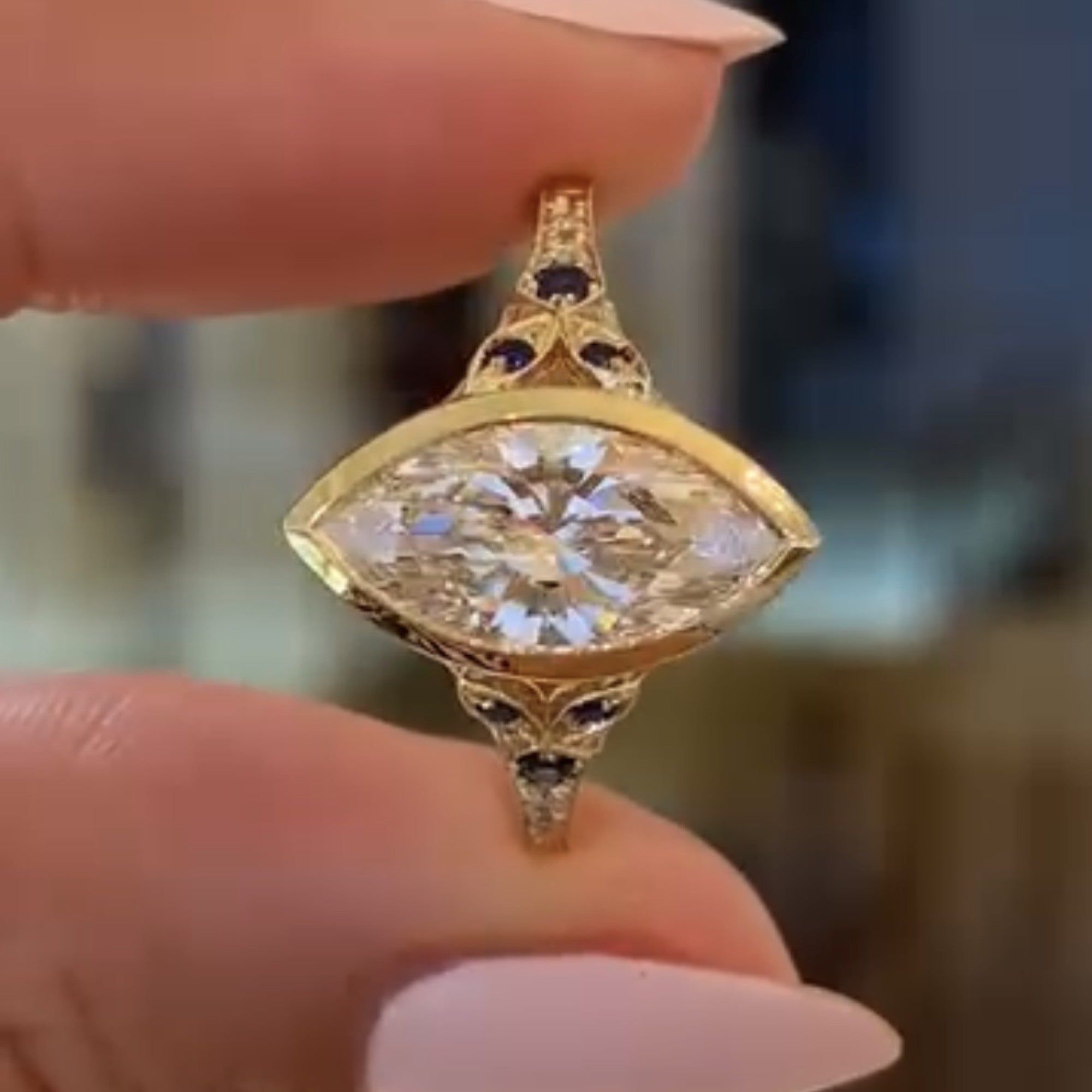 Art Deco Bezel Set Marquise Lab Grown Engagement Ring Vintage Gold Wedding Ring