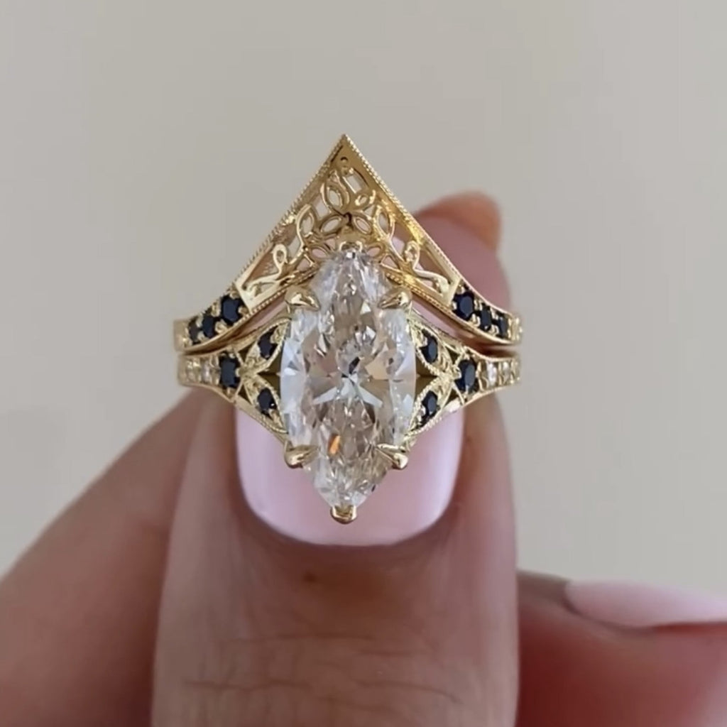 Vintage Marquis Moissanite  Engagement Ring Set Art Deco Bridal Set Gold Wedding Ring Set