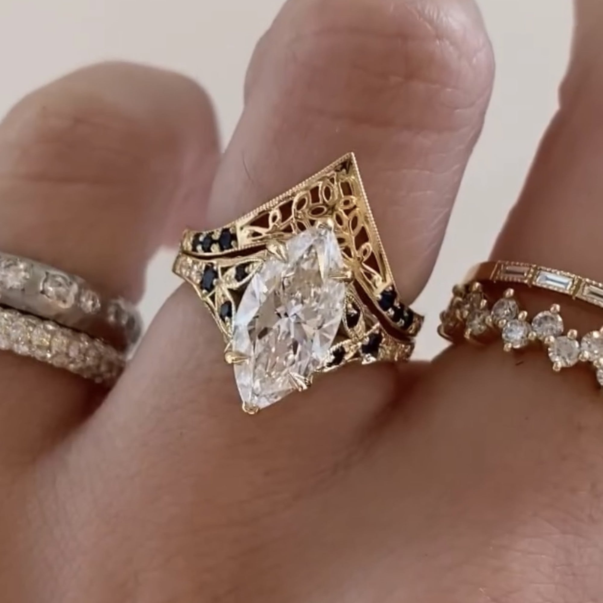 Vintage Marquis Moissanite  Engagement Ring Set Art Deco Bridal Set Gold Wedding Ring Set