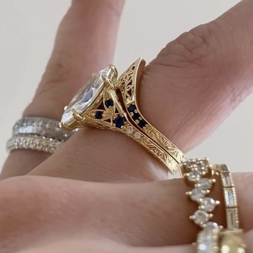 Vintage Marquis Moissanite  Engagement Ring Set Art Deco Bridal Set Gold Wedding Ring Set