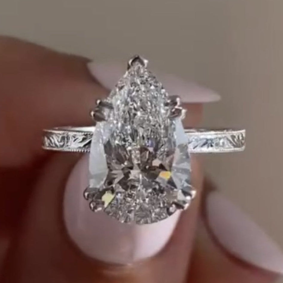 Double Claw Prong Pear Moissanite Engagement Ring Hidden Halo  Wedding Engraved Band Ring