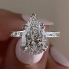 Double Claw Prong Pear Lab Grown Engagement Ring Hidden Halo Gold Wedding Engraved Band Ring