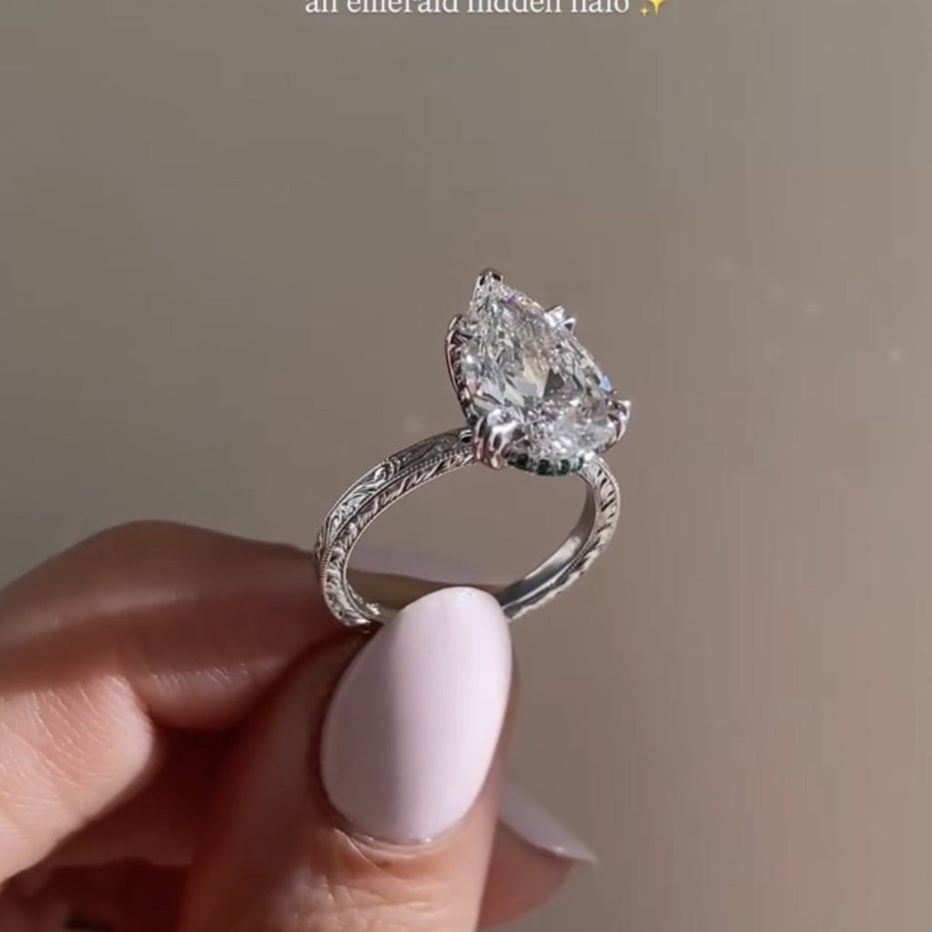 Double Claw Prong Pear Lab Grown Engagement Ring Hidden Halo Gold Wedding Engraved Band Ring
