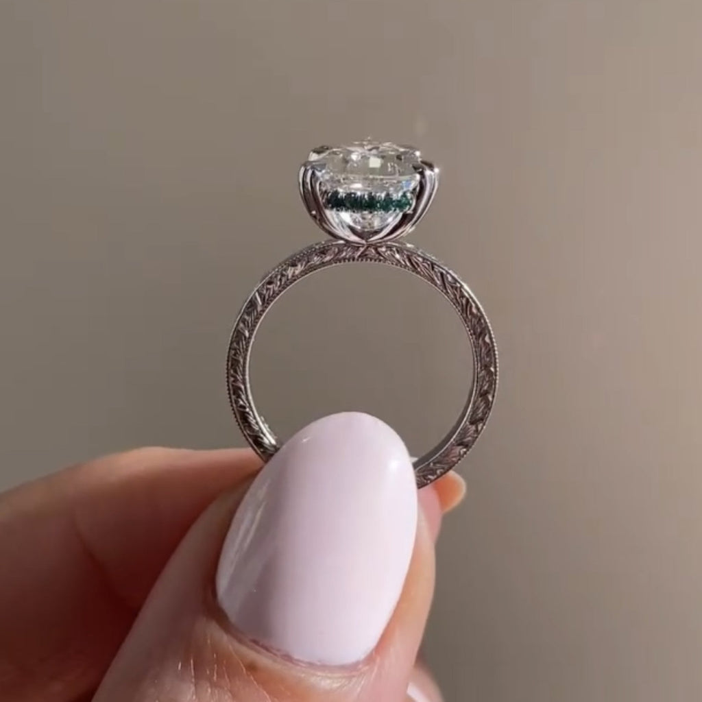 Double Claw Prong Pear Lab Grown Engagement Ring Hidden Halo Gold Wedding Engraved Band Ring